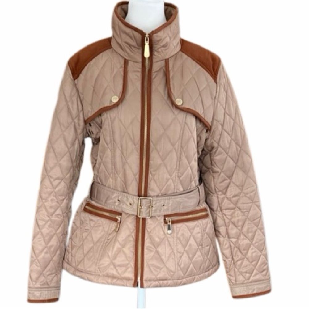 Vince Camuto Quilted Tan Belted Jacket, brown faux suede trim, gold button sz L